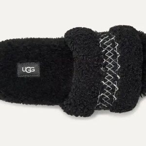 UGG Cozetta UGG Tasman Braid Sheepskin Fur Logo Slip On Slide Slippers Black NEW